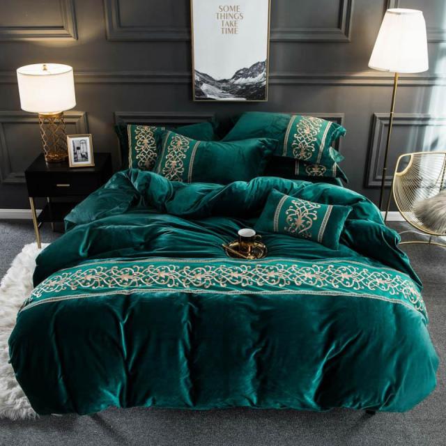 Dark Green Velvet Duvet Set freeshipping - khollect