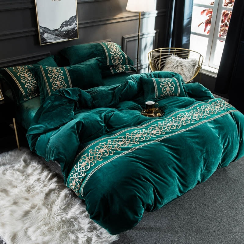 Dark Green Velvet Duvet Set freeshipping - khollect