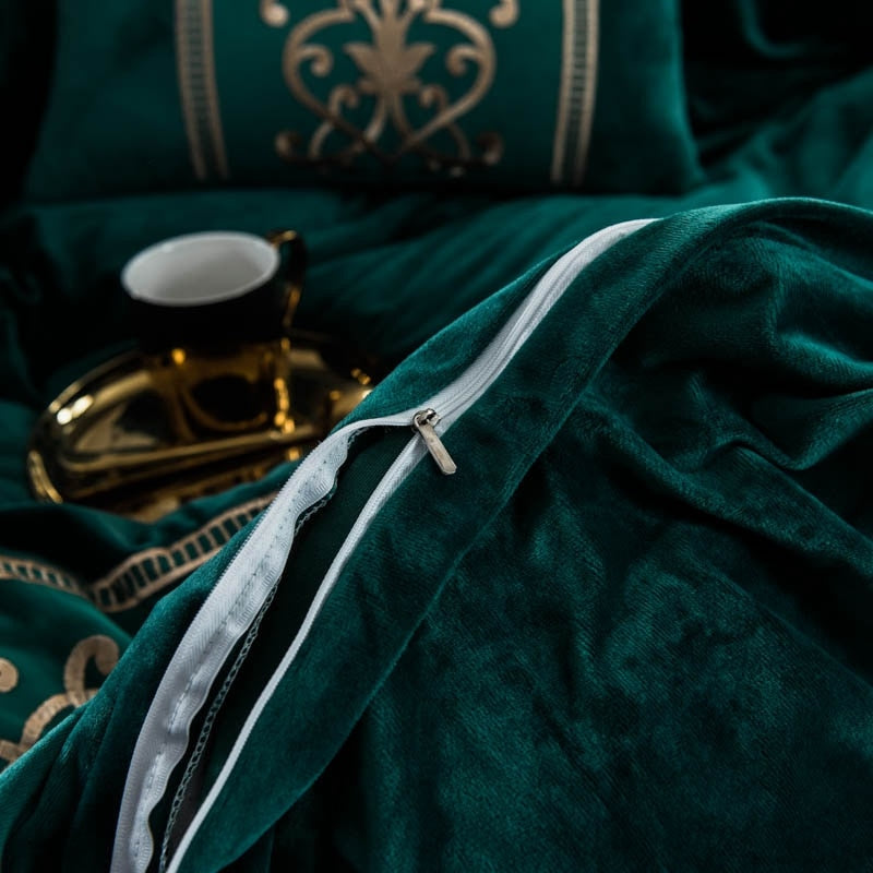 Dark Green Velvet Duvet Set freeshipping - khollect