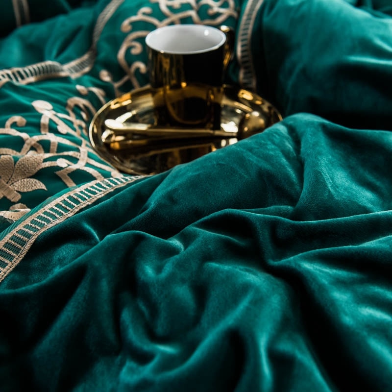 Dark Green Velvet Duvet Set freeshipping - khollect
