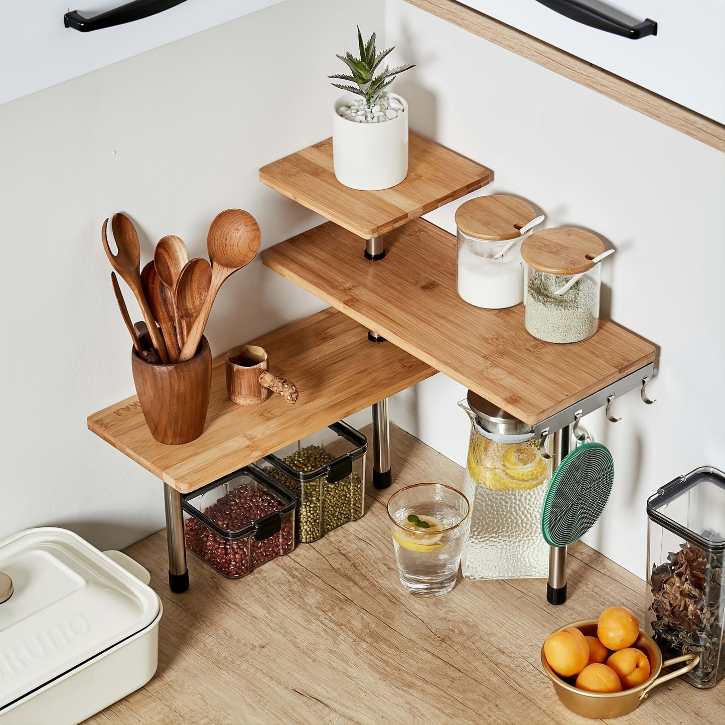 Modern 3-Tier Corner Shelf Bamboo & Metal Storage Shelf