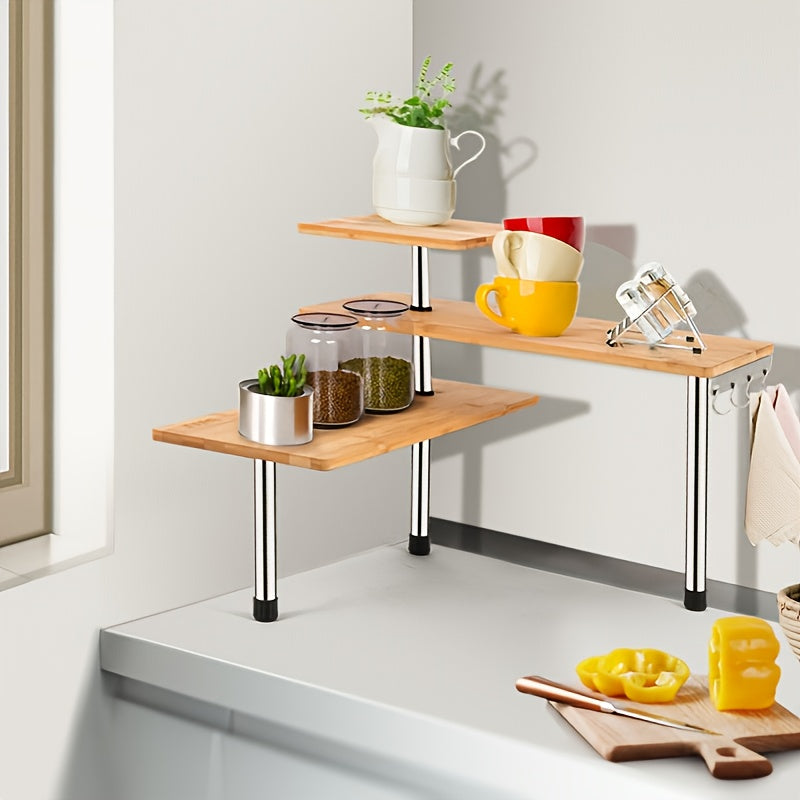 Modern 3-Tier Corner Shelf Bamboo & Metal Storage Shelf