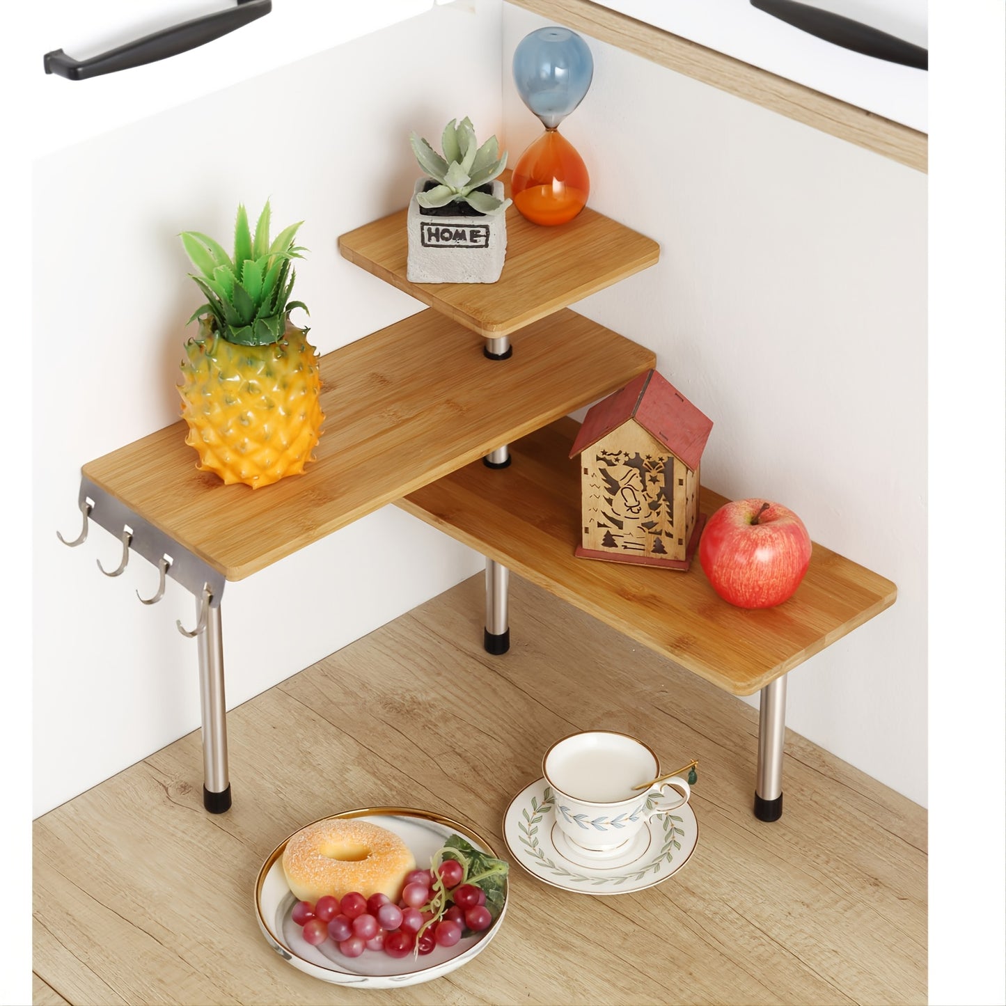 Modern 3-Tier Corner Shelf Bamboo & Metal Storage Shelf