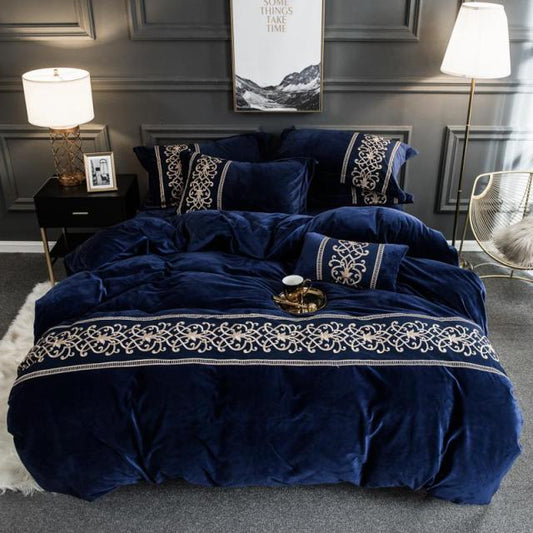 Dark Blue Velvet Flannel Duvet Set freeshipping - khollect