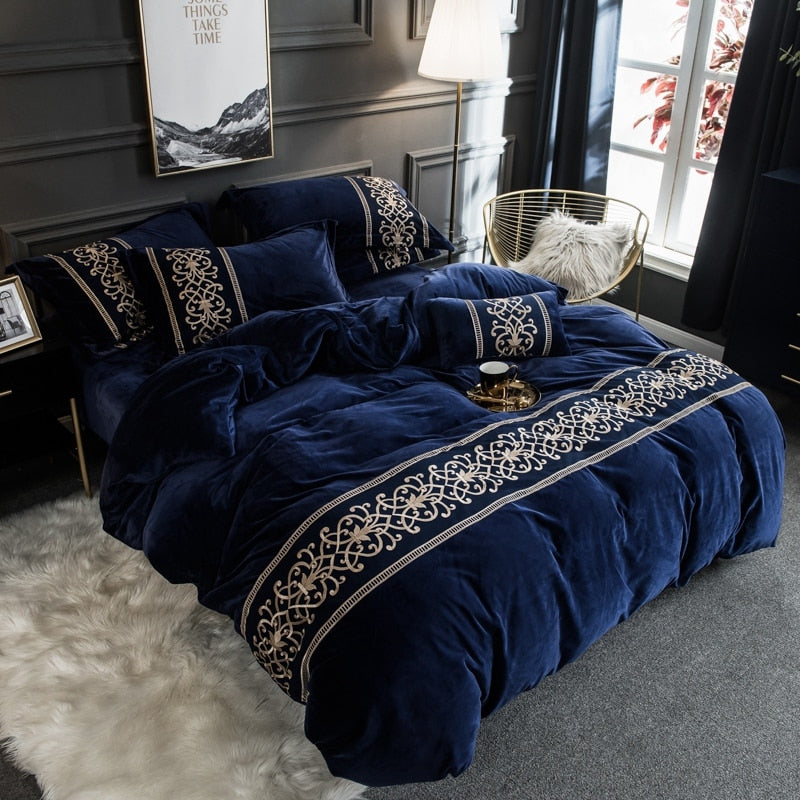 Dark Blue Velvet Flannel Duvet Set freeshipping - khollect