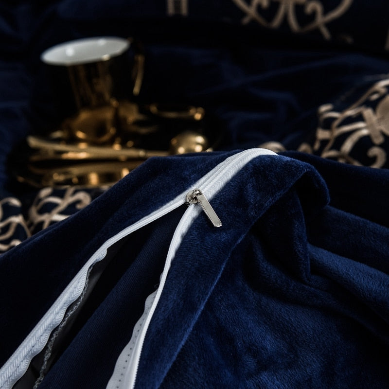 Dark Blue Velvet Flannel Duvet Set freeshipping - khollect