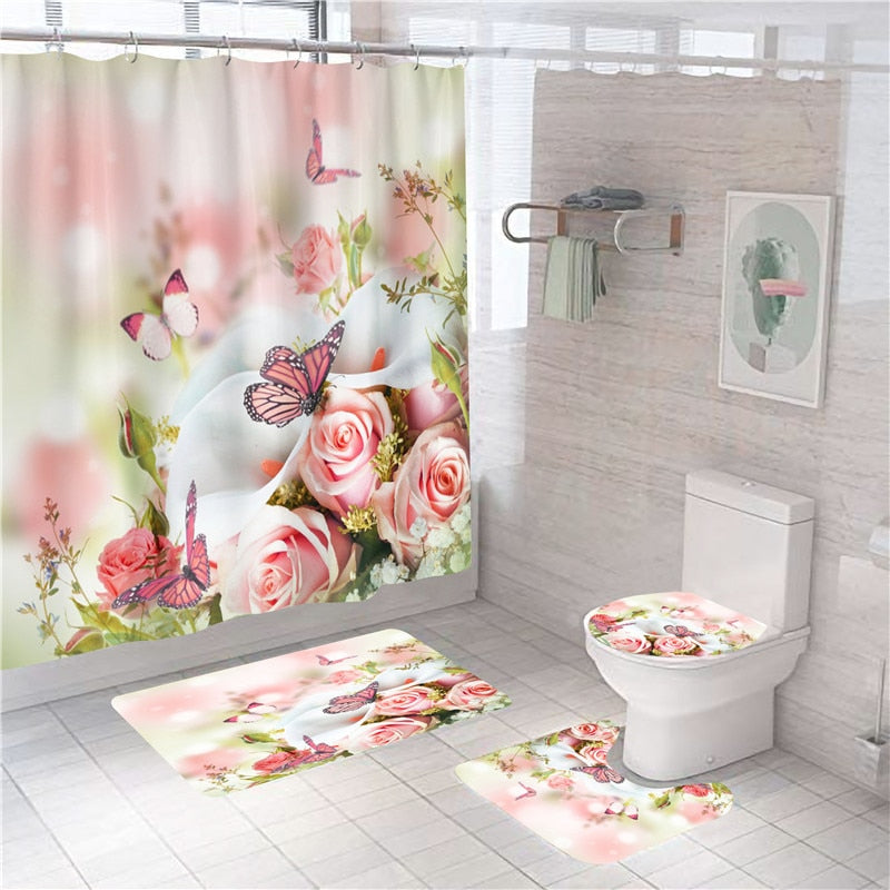 Rose Print Shower Curtain Set freeshipping - khollect