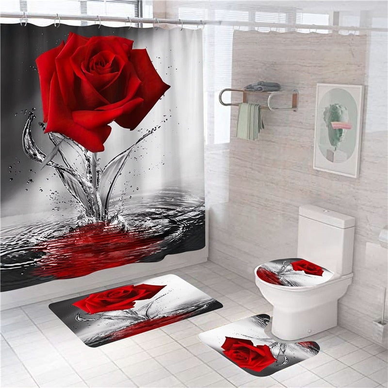 Rose Print Shower Curtain Set freeshipping - khollect