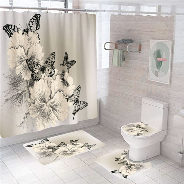 Rose Print Shower Curtain Set freeshipping - khollect