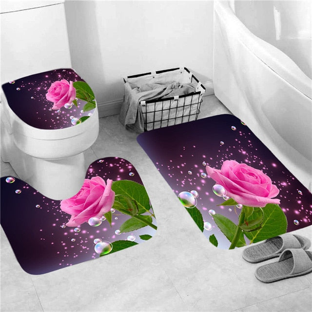 Rose Print Shower Curtain Set freeshipping - khollect