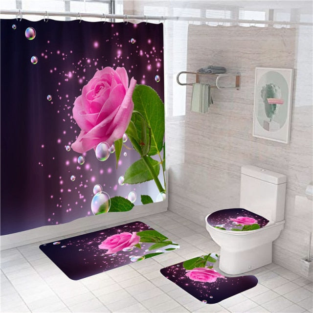 Rose Print Shower Curtain Set freeshipping - khollect