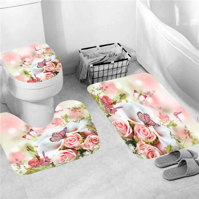 Rose Print Shower Curtain Set freeshipping - khollect
