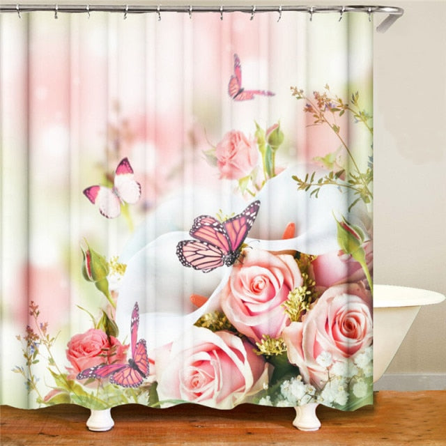 Rose Print Shower Curtain Set freeshipping - khollect